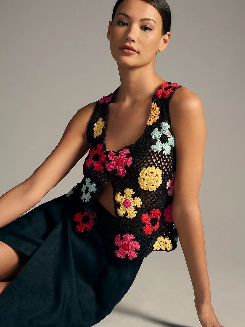 TACH Black Crochet Floral Vest with Red Pink Yellow Mint Accents